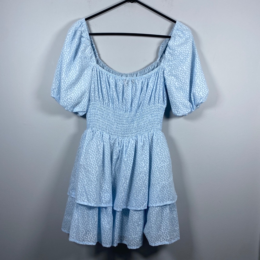 Lulus Mini Dress Womens Small Blue Skater Smocked Tiered Puff Sleeve Coquette